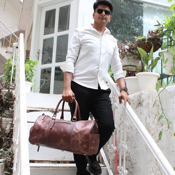 Genuine Leather Travel Duffle Bag, Tan - Picture 13 of 14